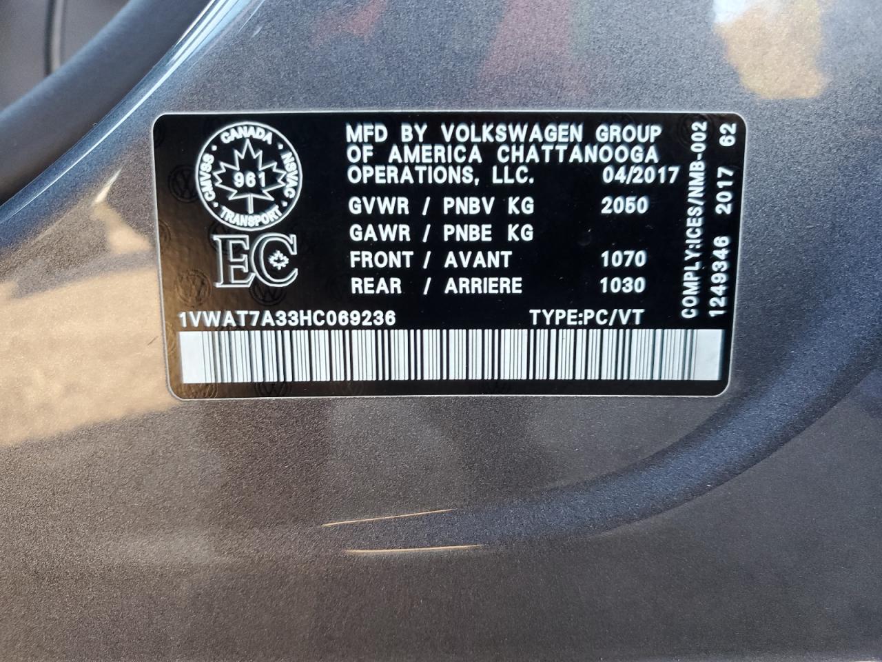 2017 Volkswagen Passat S VIN: 1VWAT7A33HC069236 Lot: 84621655