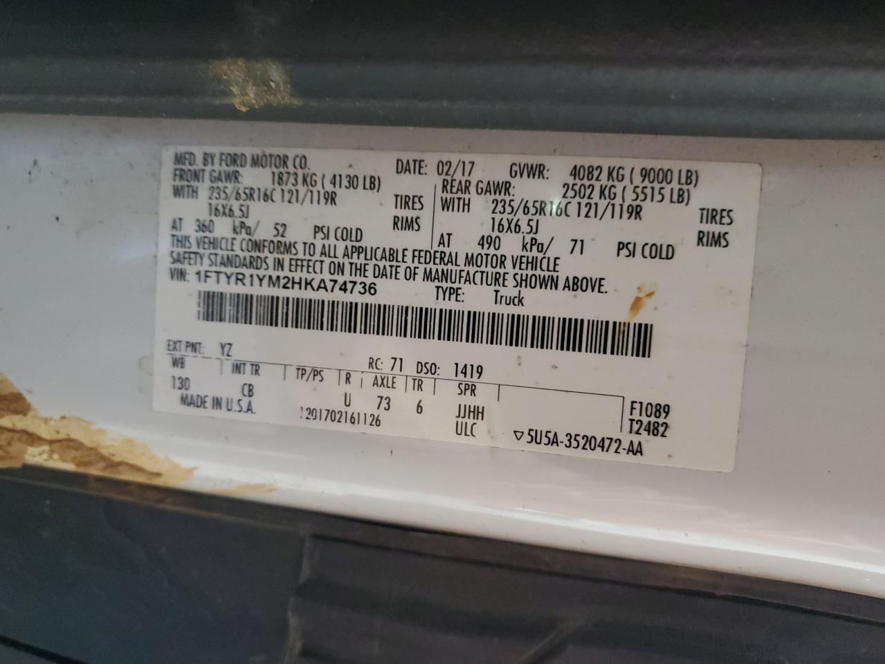 2017 Ford Transit T-250 VIN: 1FTYR1YM2HKA74736 Lot: 85840265