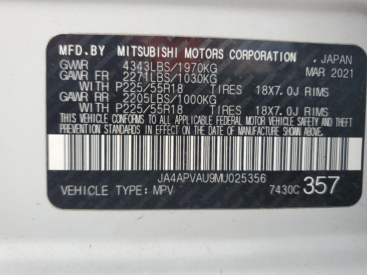 2021 Mitsubishi Outlander Sport Se VIN: JA4APVAU9MU025356 Lot: 89875625