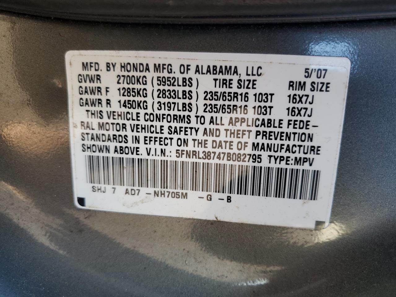 2007 Honda Odyssey Exl VIN: 5FNRL38747B082795 Lot: 86804345