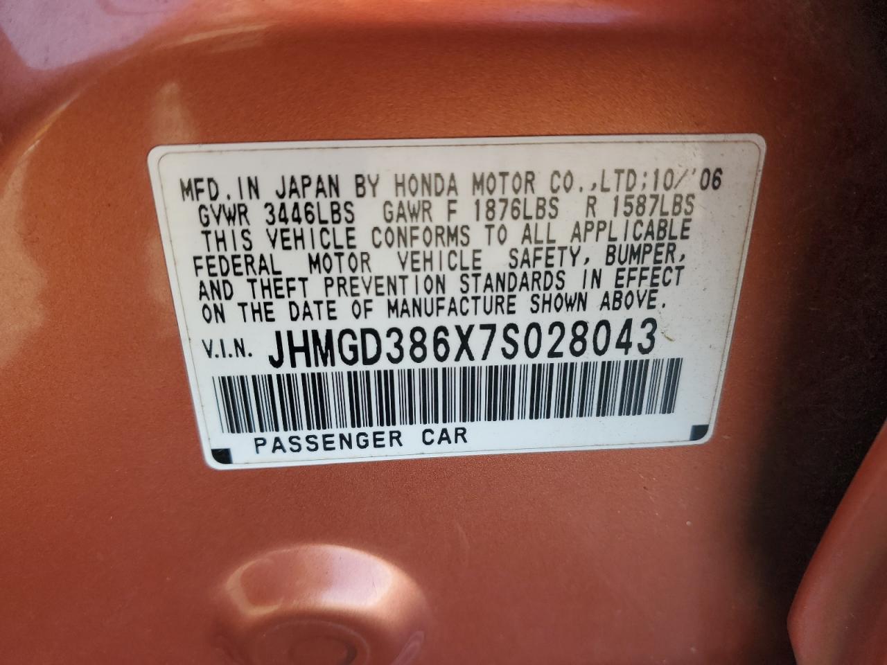 2007 Honda Fit S VIN: JHMGD386X7S028043 Lot: 90143145