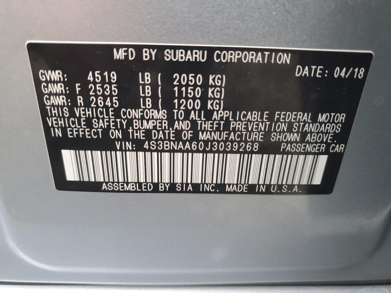 2018 Subaru Legacy 2.5I VIN: 4S3BNAA60J3039268 Lot: 86322515