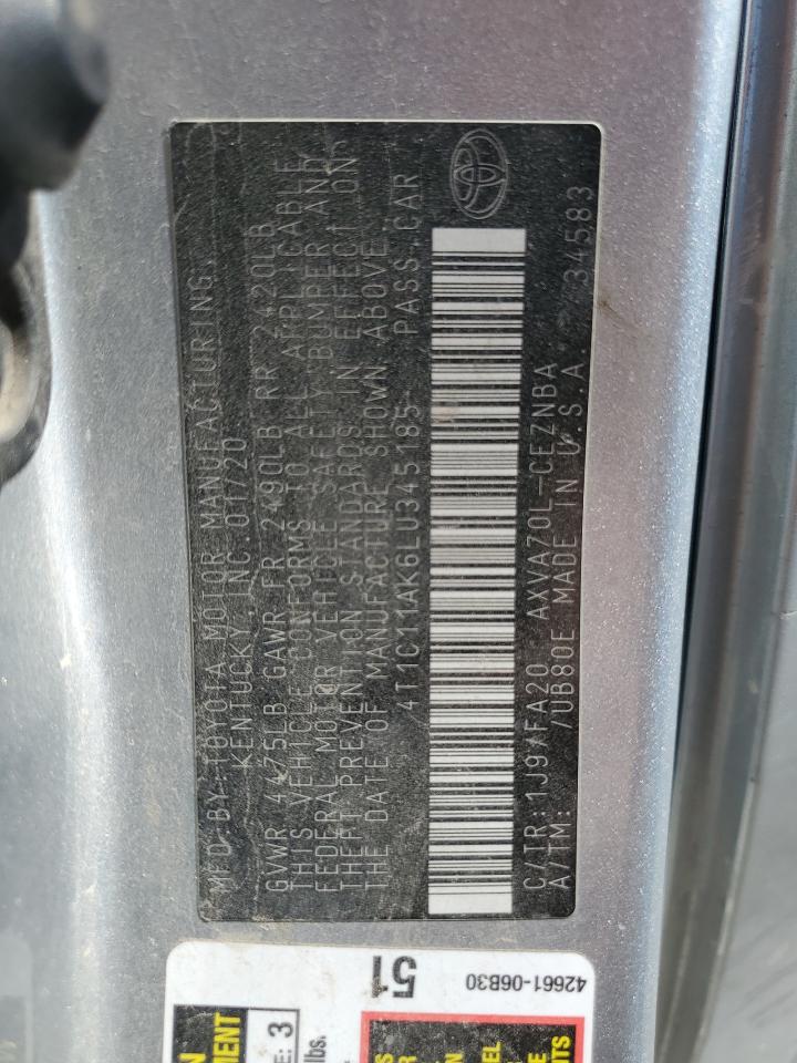 2020 Toyota Camry Le VIN: 4T1C11AK6LU345185 Lot: 86312175