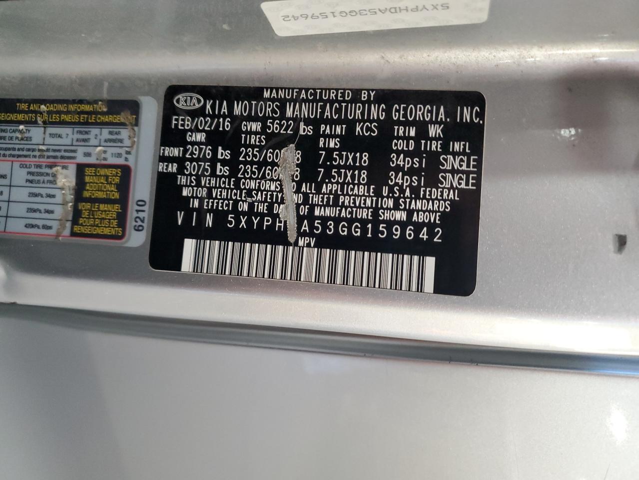 2016 Kia Sorento Ex VIN: 5XYPHDA53GG159642 Lot: 84729575