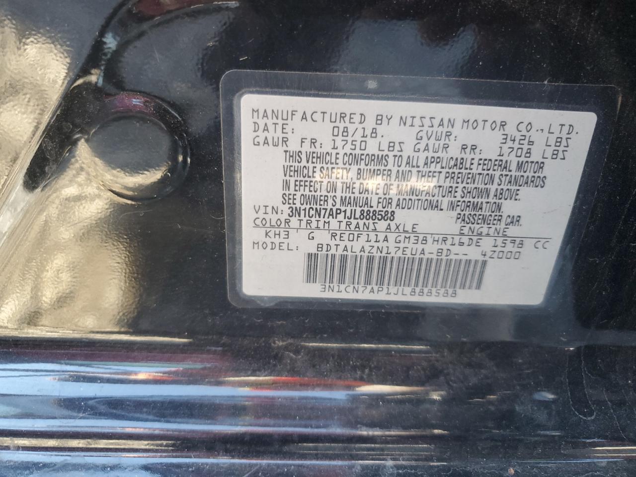 2018 Nissan Versa S VIN: 3N1CN7AP1JL888588 Lot: 86881425