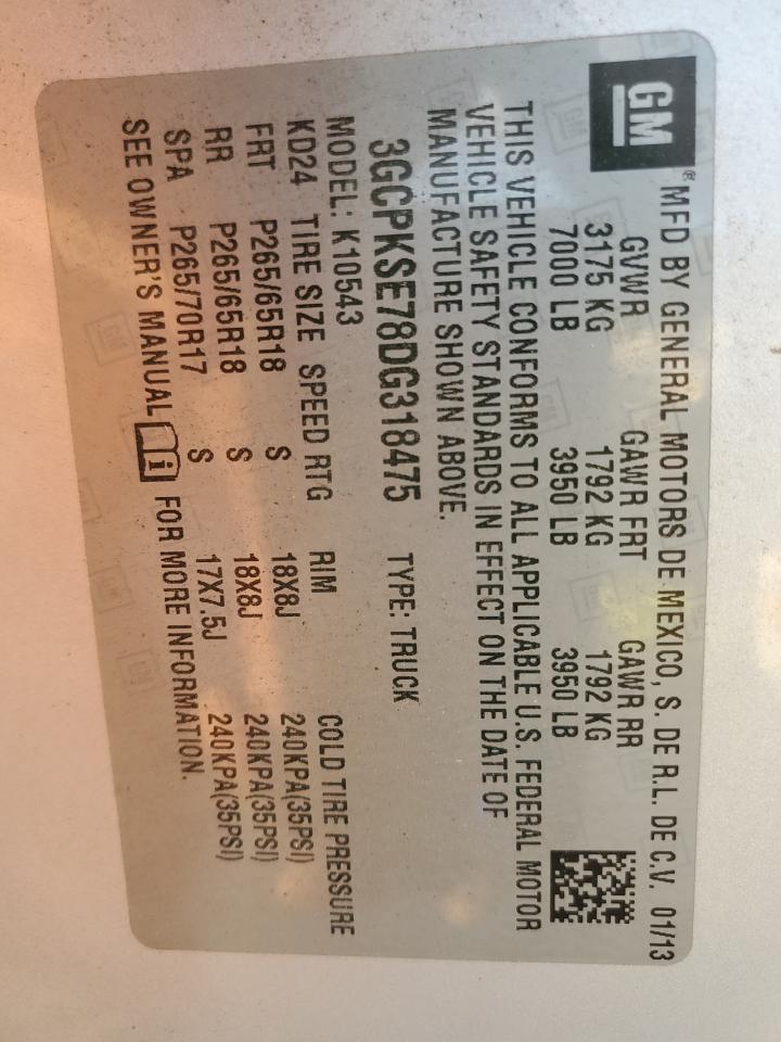 2013 Chevrolet Silverado K1500 Lt VIN: 3GCPKSE78DG318475 Lot: 86221305