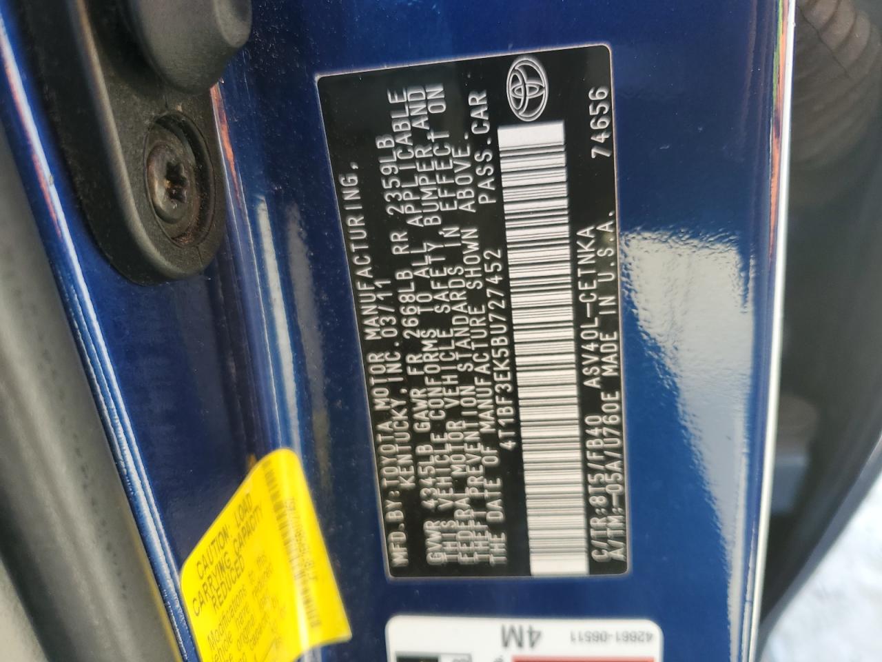 2011 Toyota Camry Base VIN: 4T1BF3EK5BU727452 Lot: 82221815