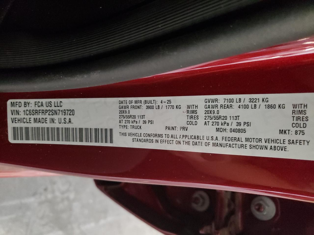 2025 Ram 1500 Laramie VIN: 1C6SRFRP2SN719720 Lot: 85312645