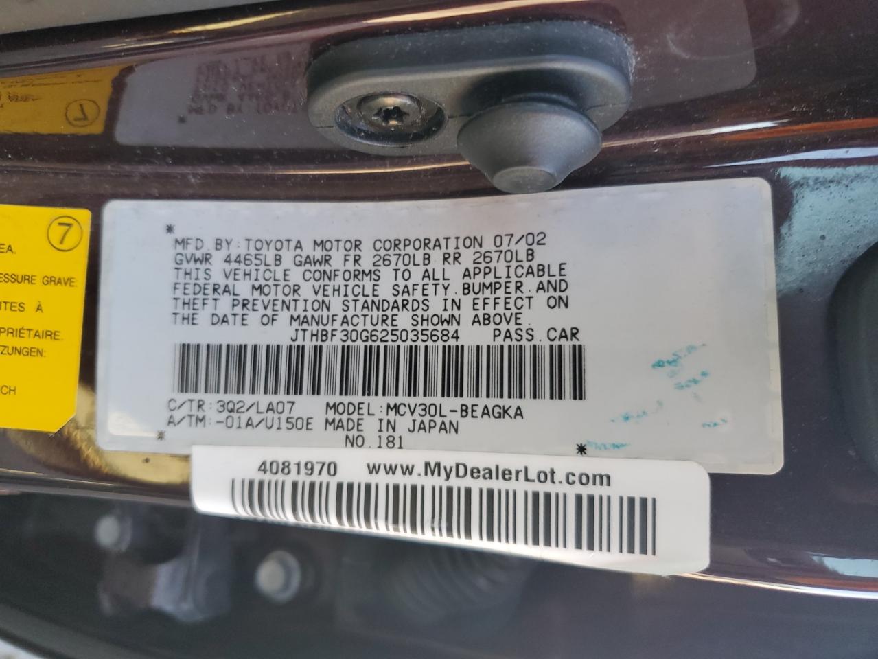 2002 Lexus Es 300 VIN: JTHBF30G625035684 Lot: 82287745