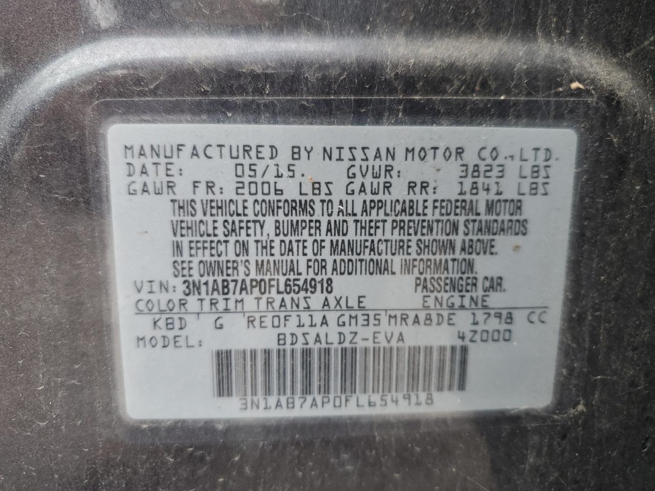 2015 Nissan Sentra S VIN: 3N1AB7AP0FL654918 Lot: 84996255