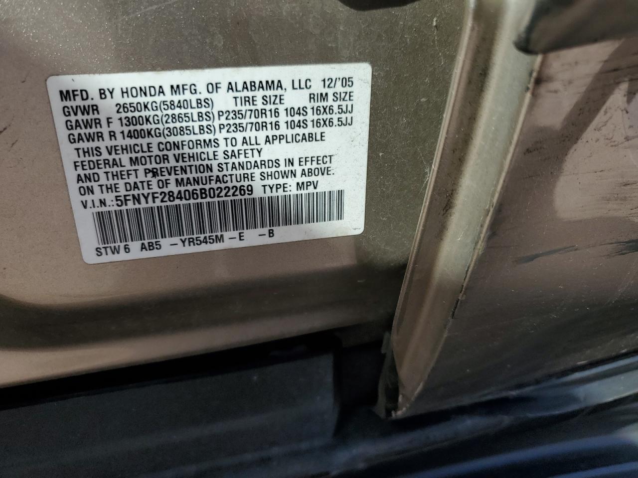 2006 Honda Pilot Ex VIN: 5FNYF28406B022269 Lot: 87214825