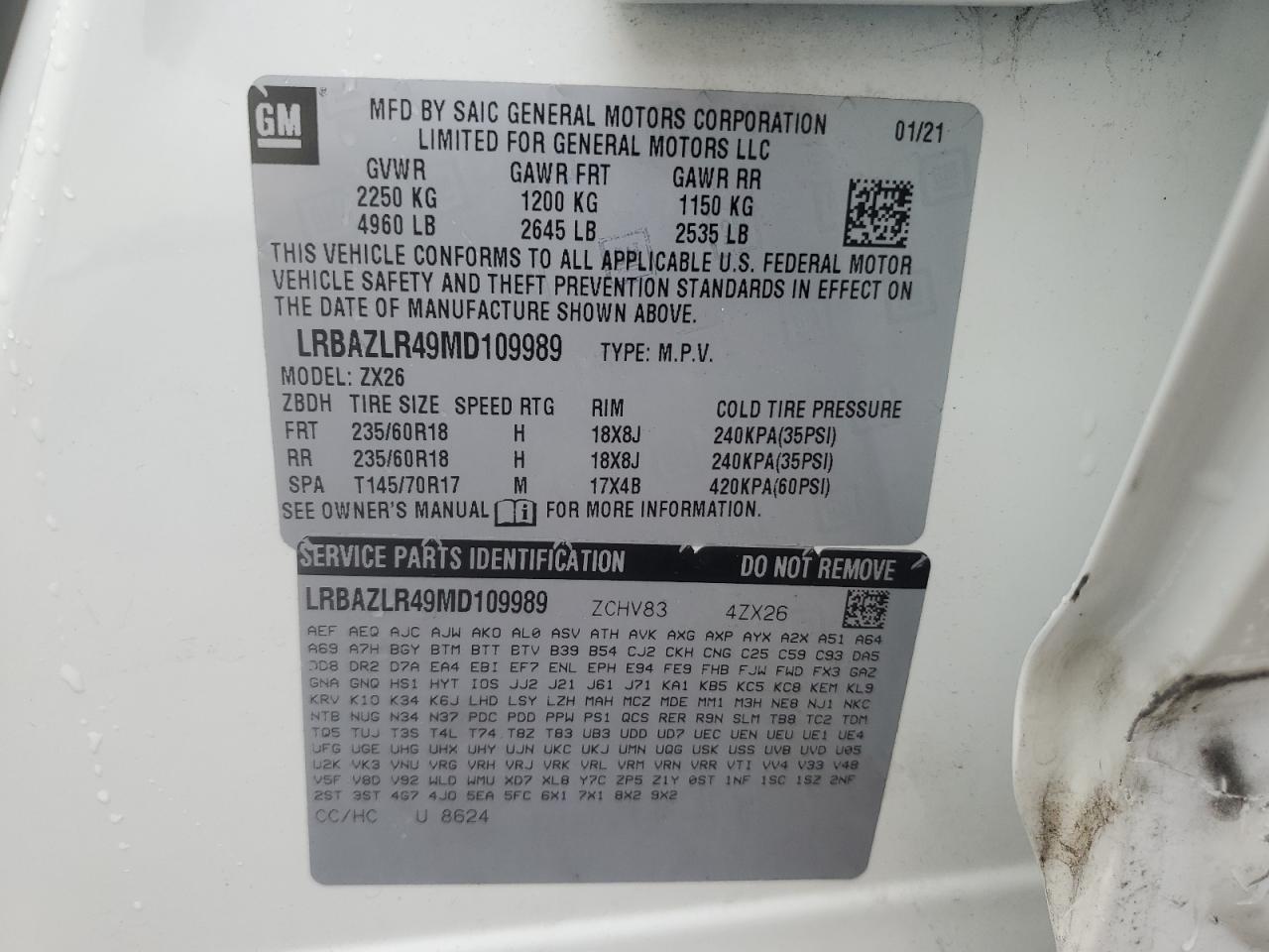 2021 Buick Envision Preferred VIN: LRBAZLR49MD109989 Lot: 85329265