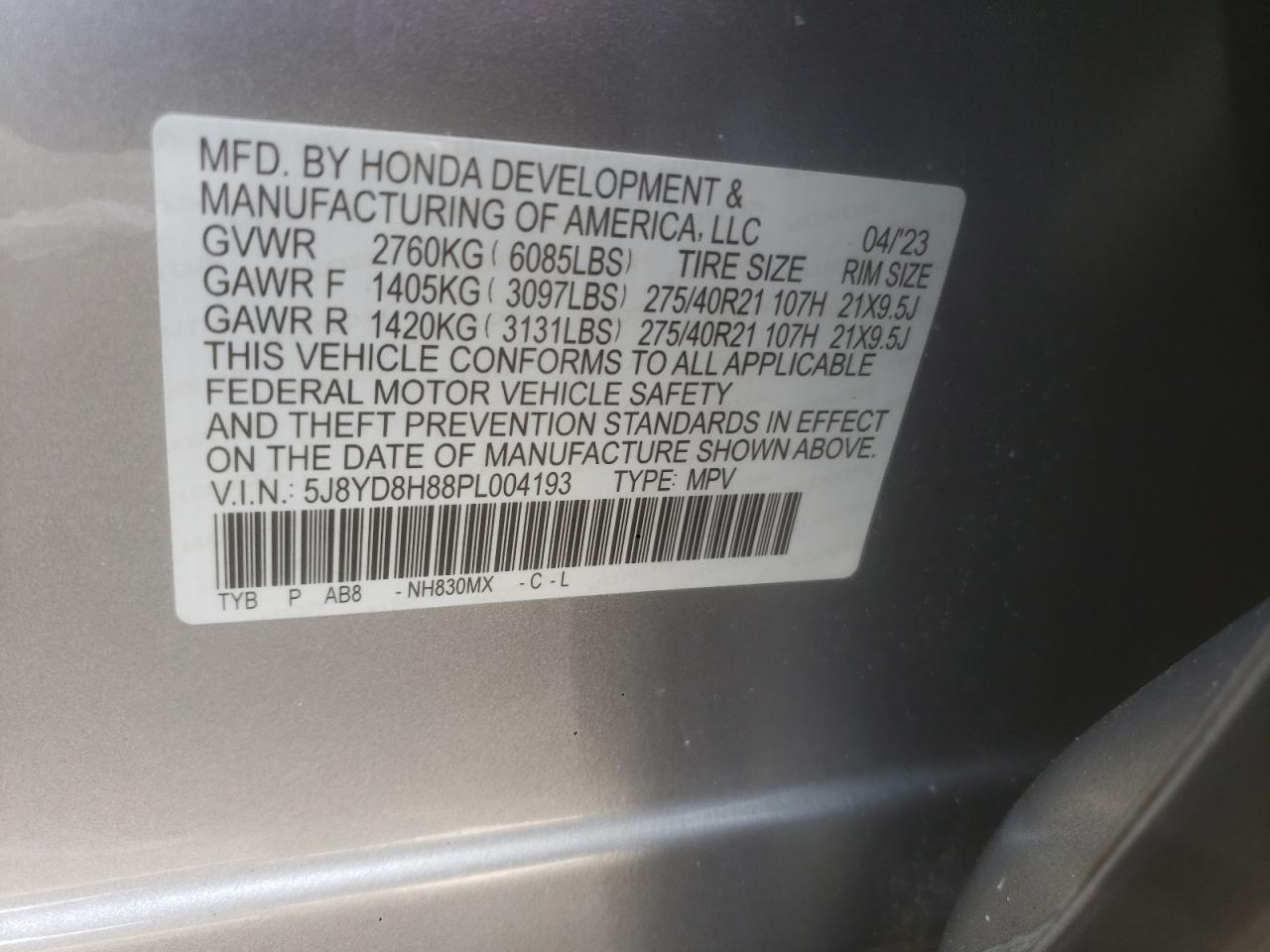 2023 Acura Mdx Type S Advance VIN: 5J8YD8H88PL004193 Lot: 87432975