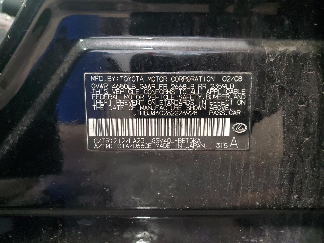 2008 Lexus Es 350 VIN: JTHBJ46G282226928 Lot: 85300995