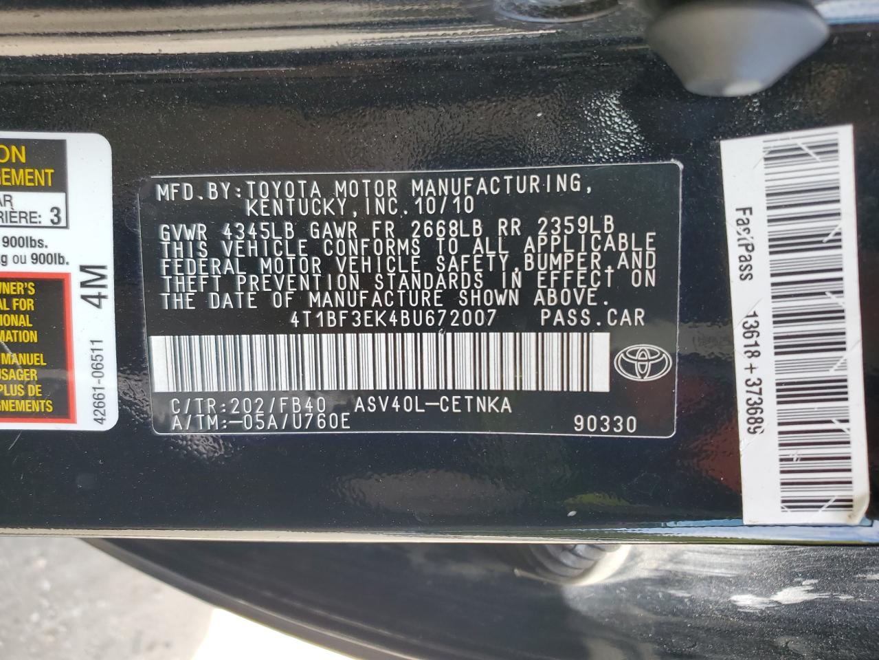 2011 Toyota Camry Base VIN: 4T1BF3EK4BU672007 Lot: 84621645