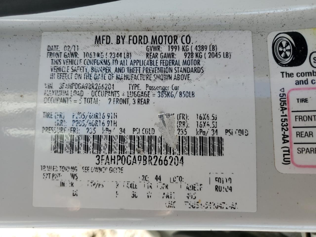 2011 Ford Fusion S VIN: 3FAHP0GA9BR266204 Lot: 90035345