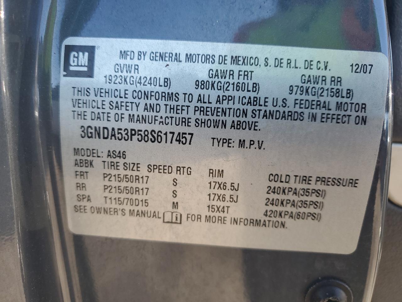 2008 Chevrolet Hhr Lt VIN: 3GNDA53P58S617457 Lot: 87417635