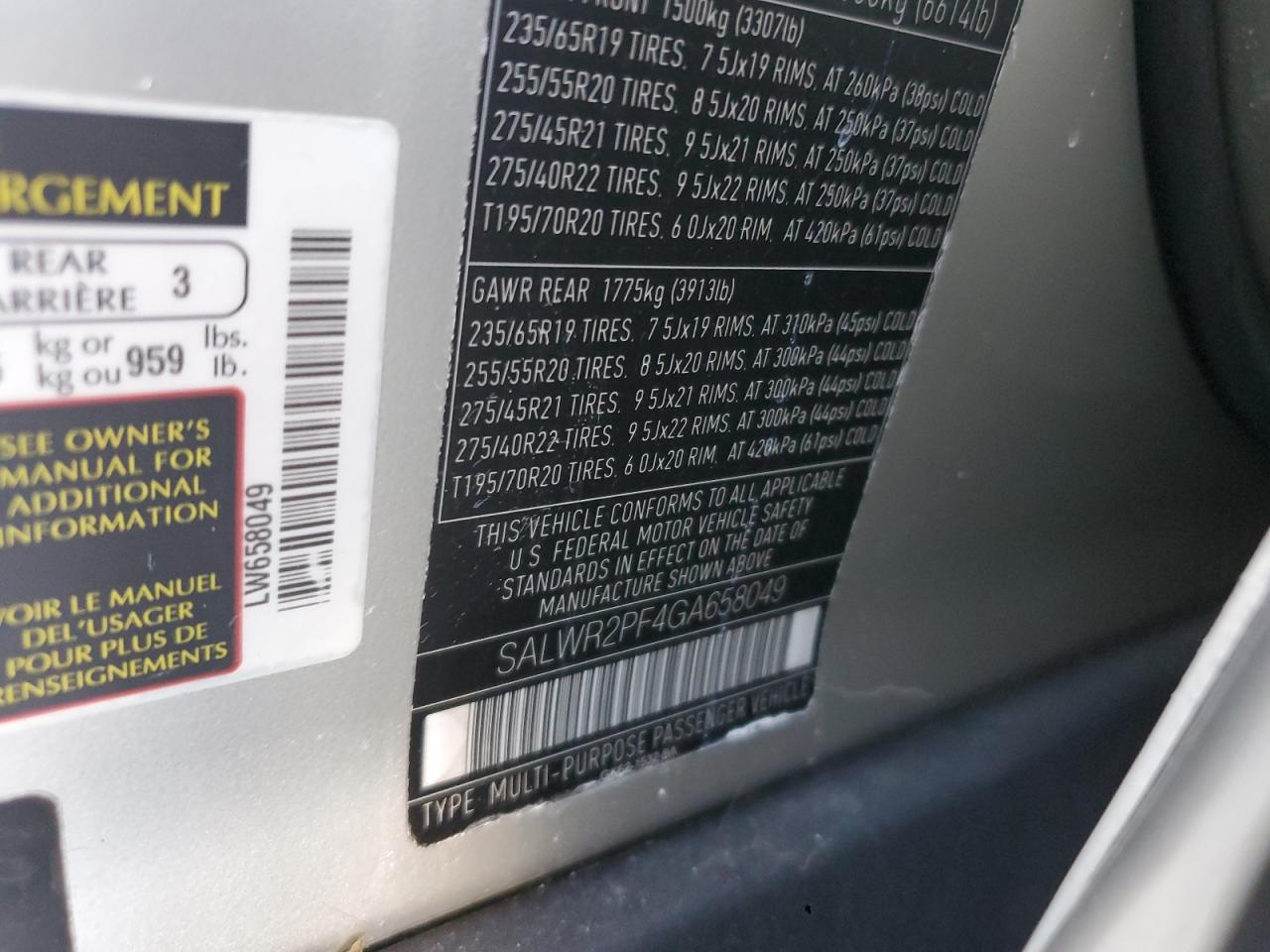 2016 Land Rover Range Rover Sport Hse VIN: SALWR2PF4GA658049 Lot: 86656635