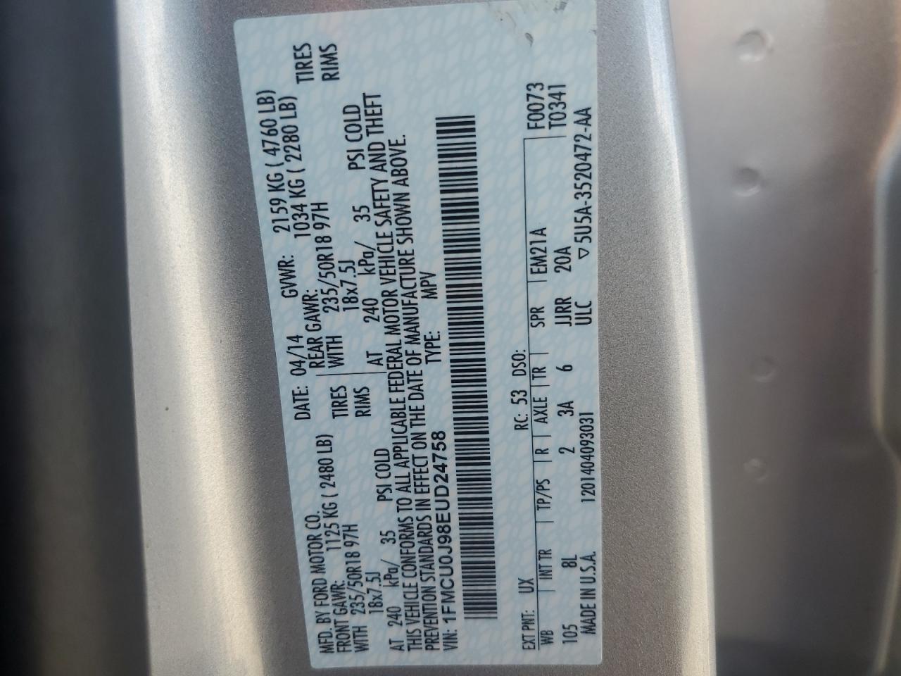 2014 Ford Escape Titanium VIN: 1FMCU0J98EUD24758 Lot: 86516345