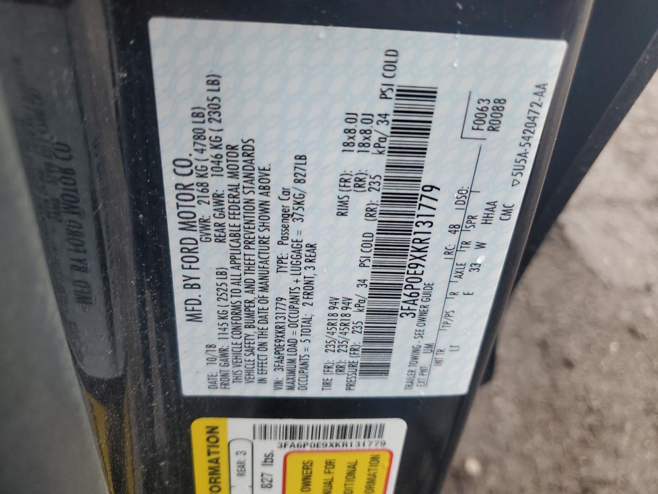 2019 Ford Fusion Sel VIN: 3FA6P0E9XKR131779 Lot: 89592225