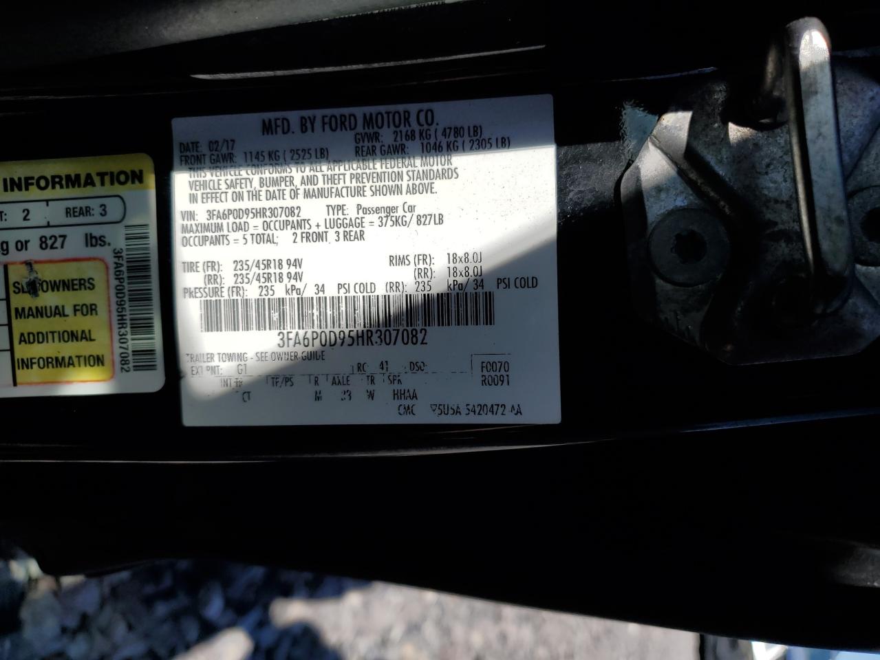 2017 Ford Fusion VIN: 3FA6P0D95HR307082 Lot: 85364365