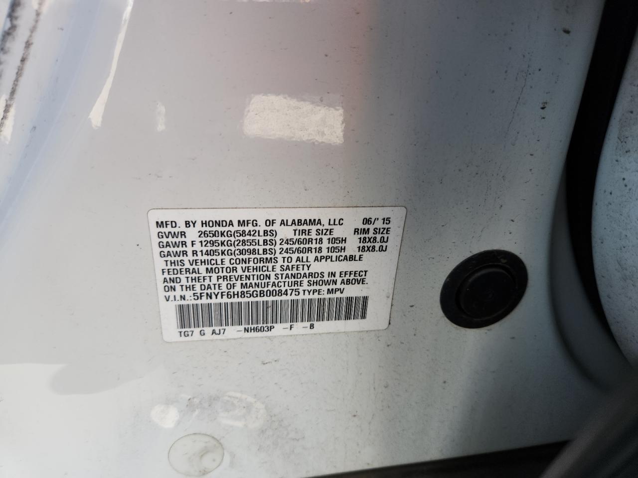 2016 Honda Pilot Exl VIN: 5FNYF6H85GB008475 Lot: 87113405