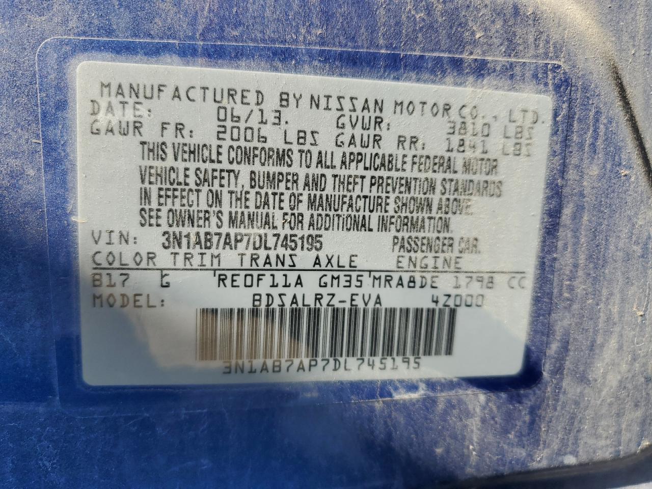 2013 Nissan Sentra S VIN: 3N1AB7AP7DL745195 Lot: 82049175