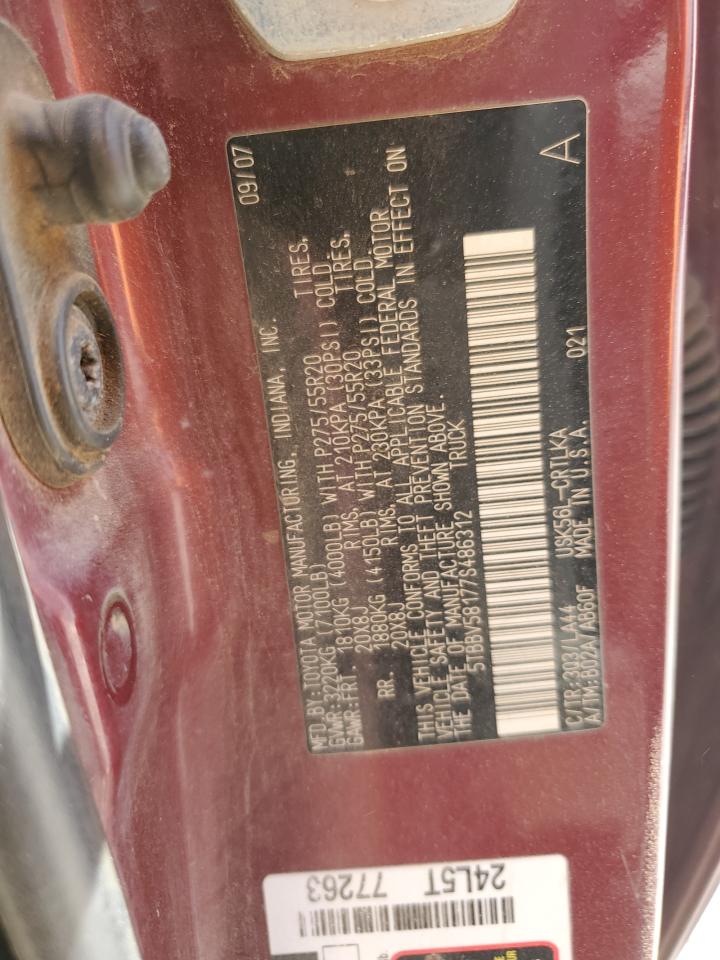 2007 Toyota Tundra Double Cab Limited VIN: 5TBBV58177S486312 Lot: 81912865