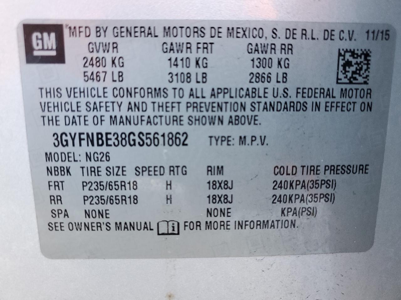 2016 Cadillac Srx Luxury Collection VIN: 3GYFNBE38GS561862 Lot: 85907405