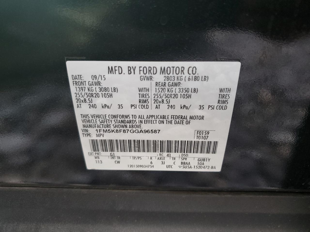 2016 Ford Explorer Limited VIN: 1FM5K8F87GGA96587 Lot: 81918085