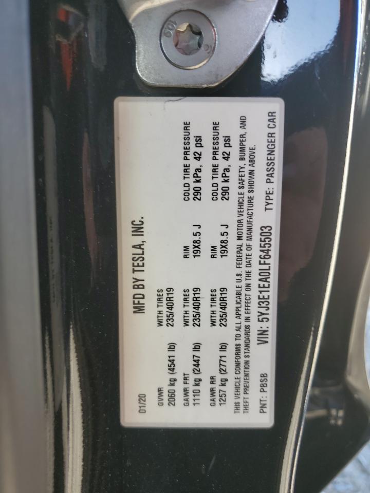 2020 Tesla Model 3 VIN: 5YJ3E1EA0LF645503 Lot: 85348735