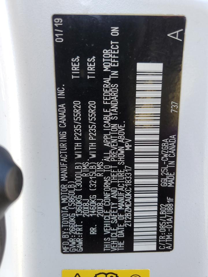 2019 Lexus Rx 350 Base VIN: 2T2BZMCA0KC183317 Lot: 85185145