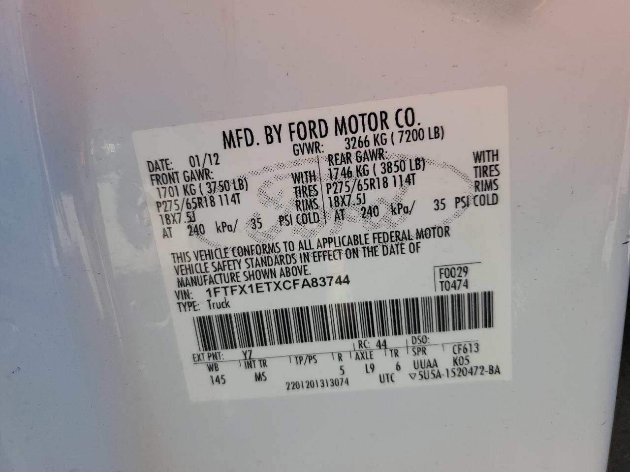 2012 Ford F150 Super Cab VIN: 1FTFX1ETXCFA83744 Lot: 86167825