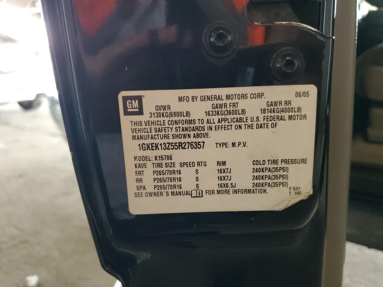 2005 GMC Yukon VIN: 1GKEK13Z55R276357 Lot: 82274015