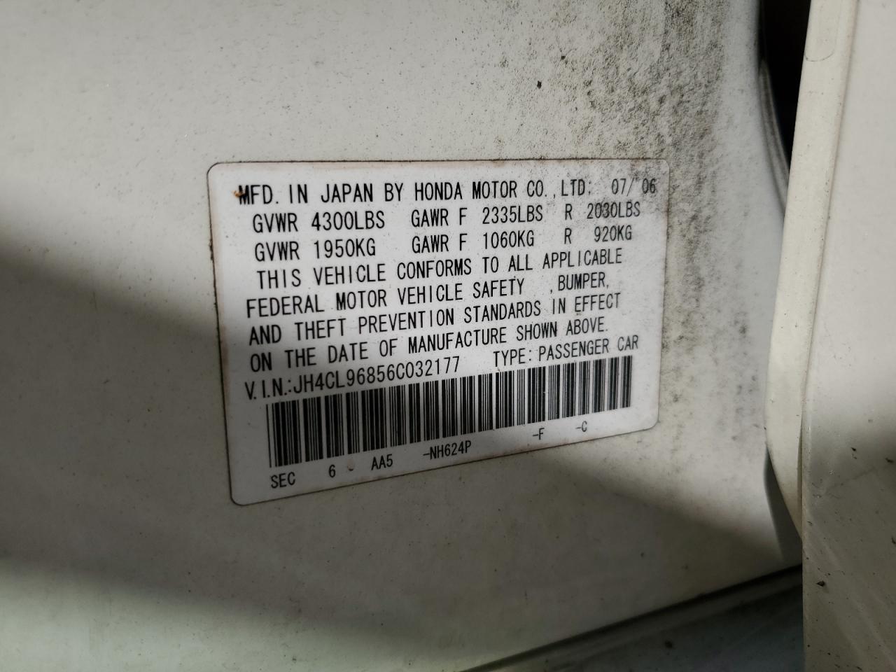 2006 Acura Tsx VIN: JH4CL96856C032177 Lot: 87026085