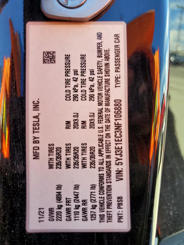 2022 Tesla Model 3 VIN: 5YJ3E1EC3NF106880 Lot: 81515575