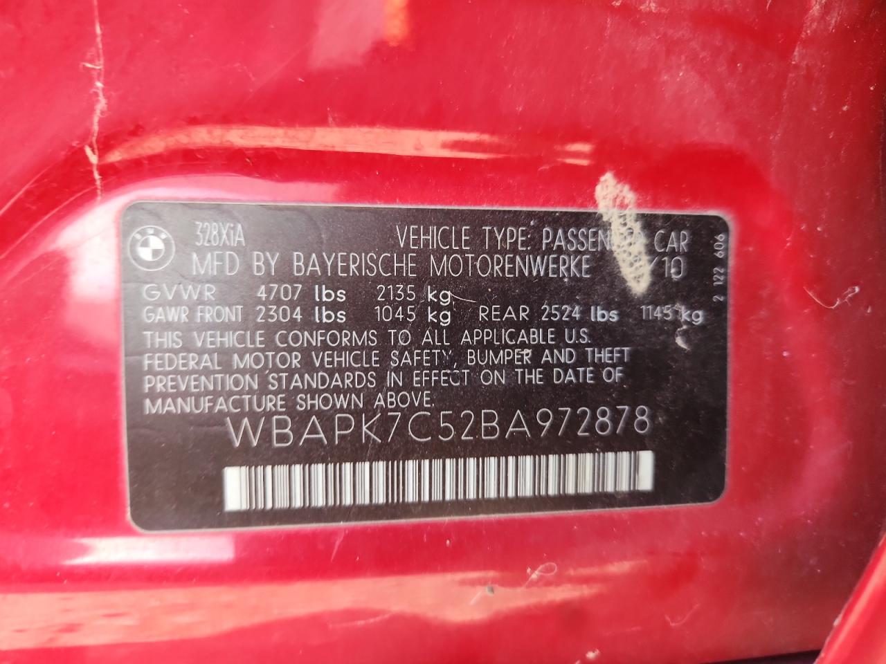 2011 BMW 328 Xi VIN: WBAPK7C52BA972878 Lot: 82288795