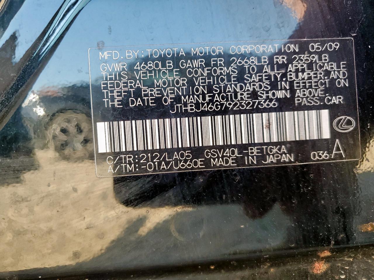 2009 Lexus Es 350 VIN: JTHBJ46G792327366 Lot: 85504175