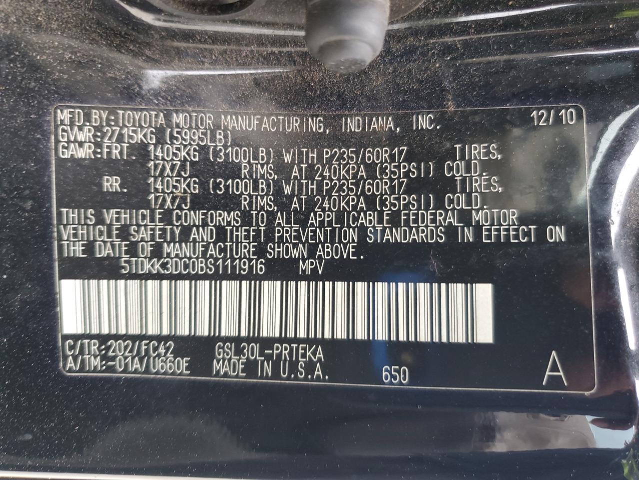 2011 Toyota Sienna Le VIN: 5TDKK3DC0BS111916 Lot: 85642745