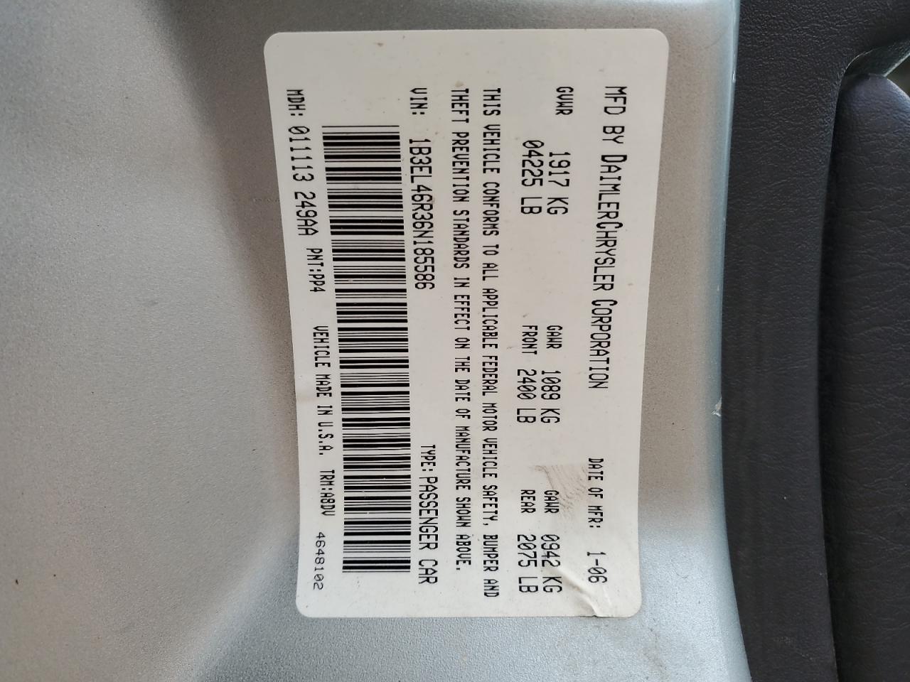 2006 Dodge Stratus Sxt VIN: 1B3EL46R36N185586 Lot: 85567685