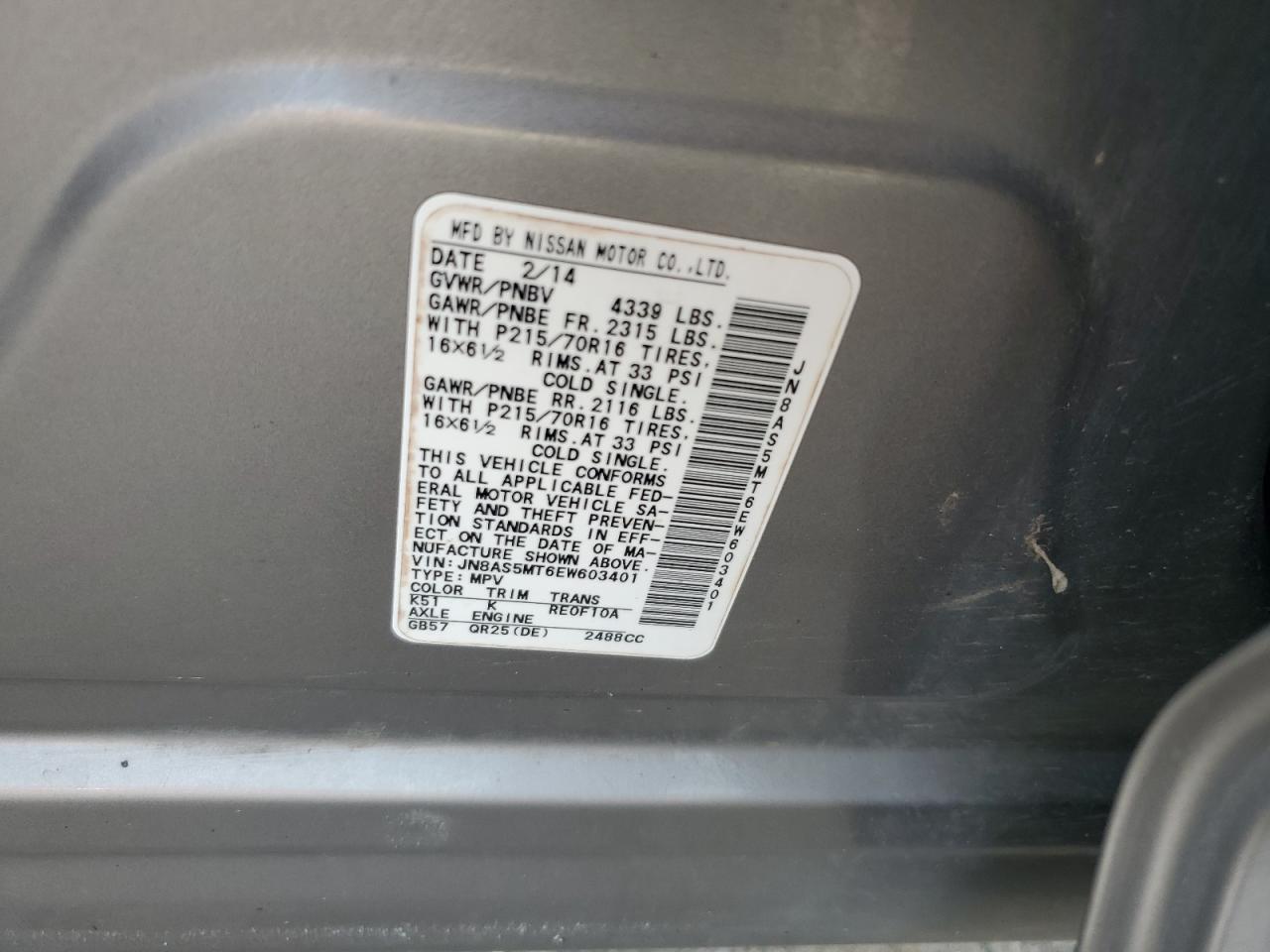 2014 Nissan Rogue Select S VIN: JN8AS5MT6EW603401 Lot: 89862045