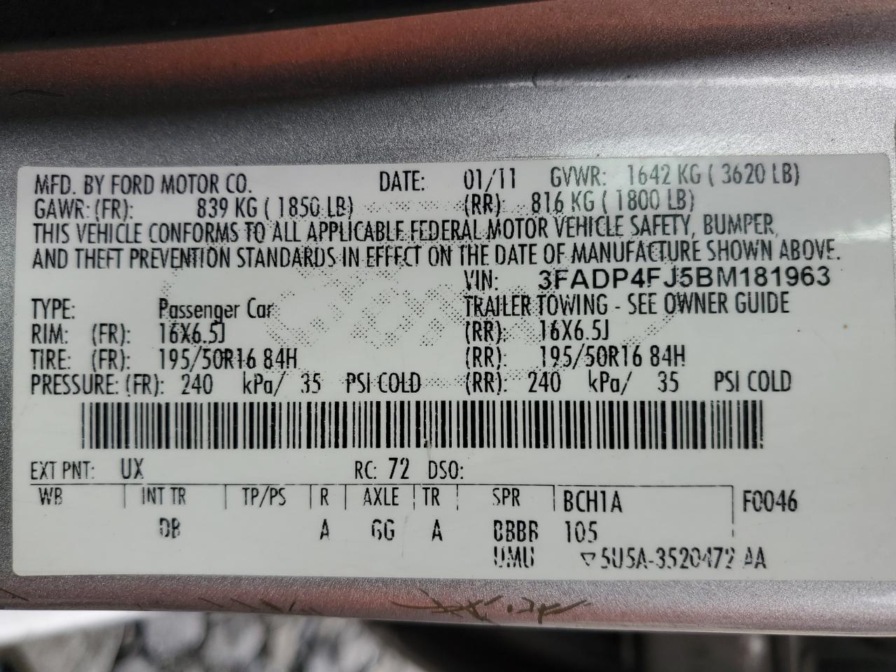 2011 Ford Fiesta Ses VIN: 3FADP4FJ5BM181963 Lot: 86847115