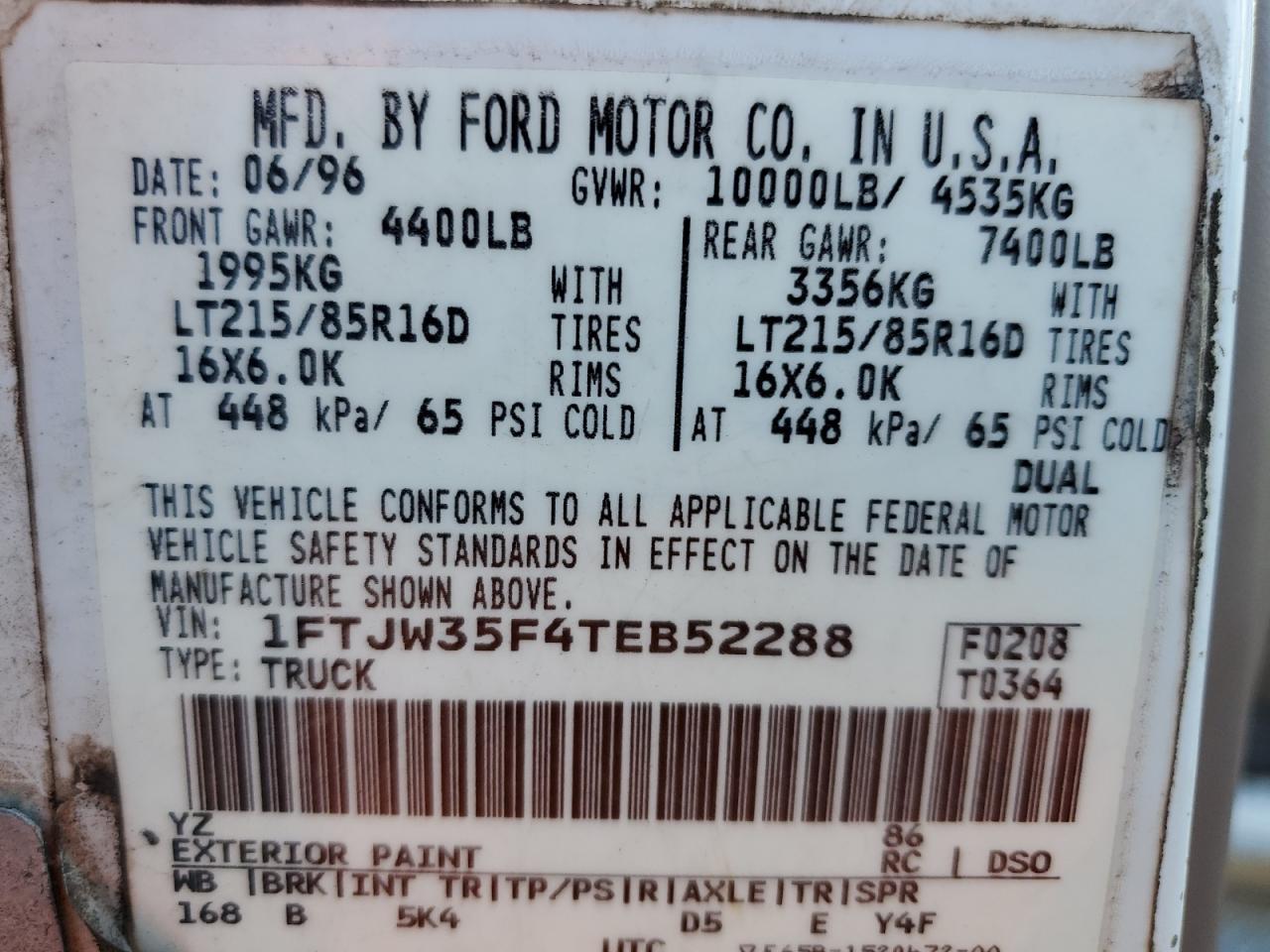 1996 Ford F350 VIN: 1FTJW35F4TEB52288 Lot: 84362305