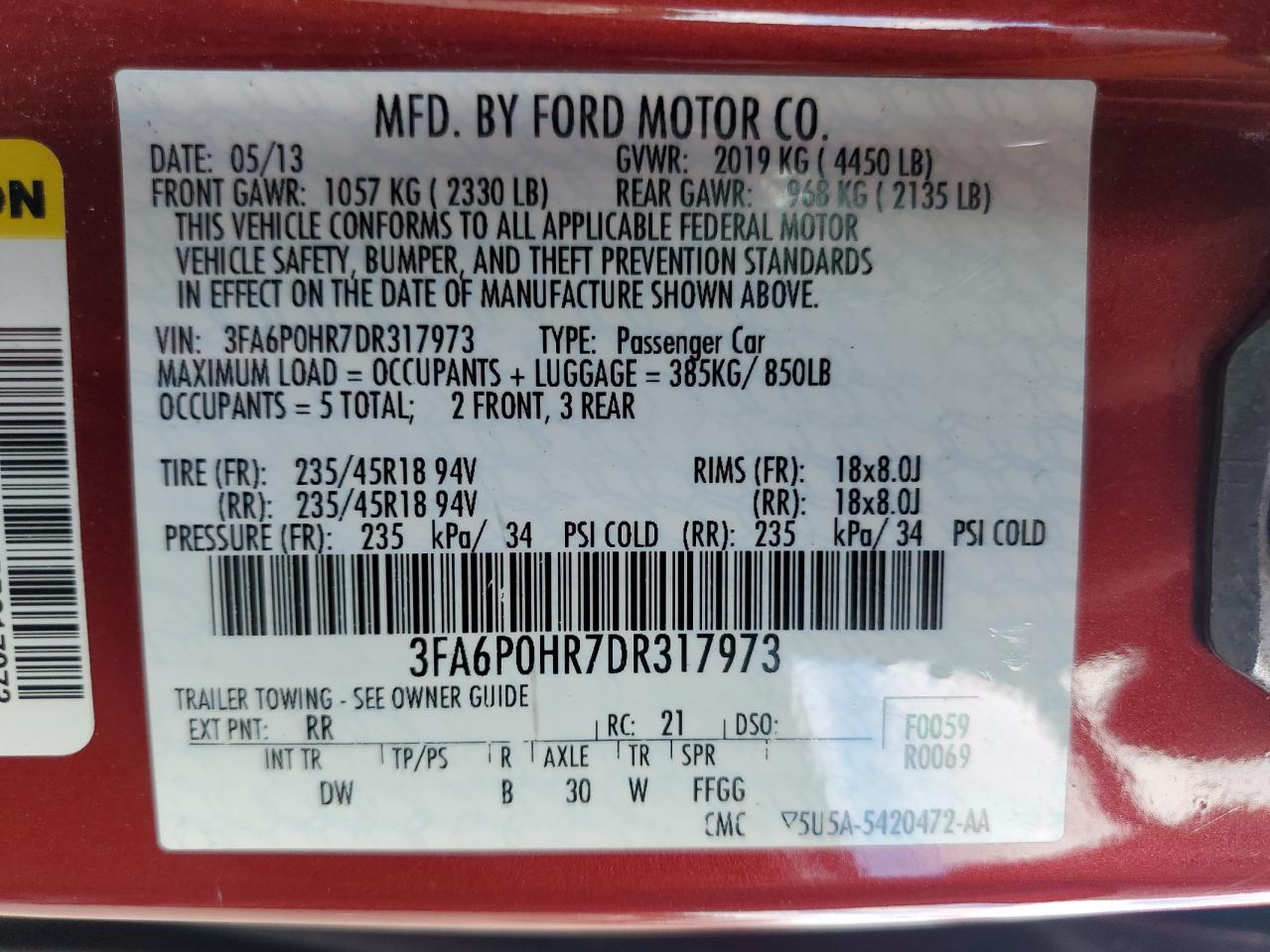 2013 Ford Fusion Se VIN: 3FA6P0HR7DR317973 Lot: 85011135