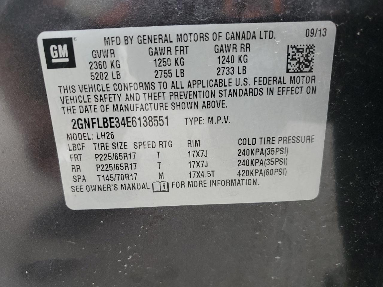 2014 Chevrolet Equinox Lt VIN: 2GNFLBE34E6138551 Lot: 86229325