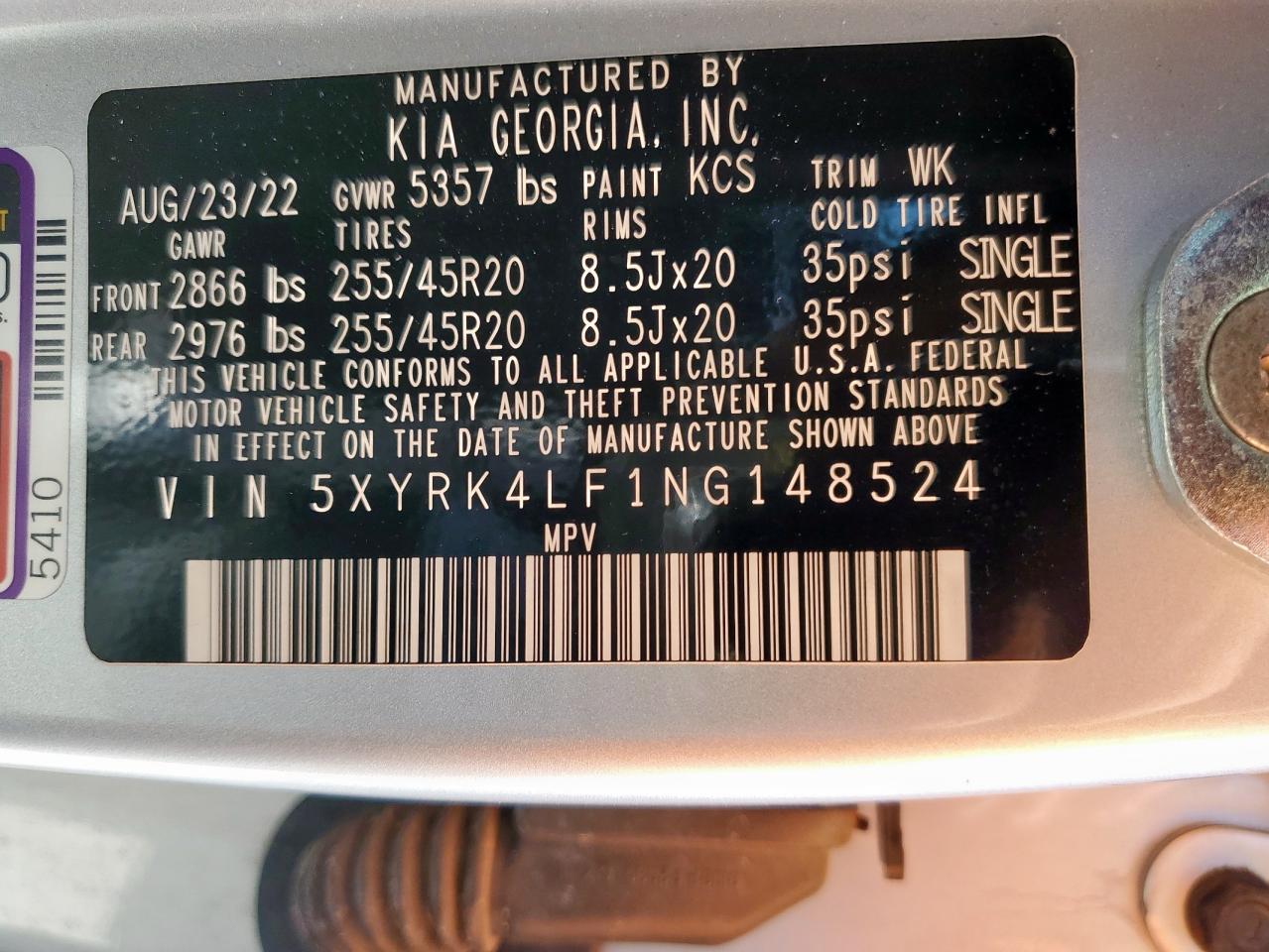 2022 Kia Sorento Sx VIN: 5XYRK4LF1NG148524 Lot: 85535395