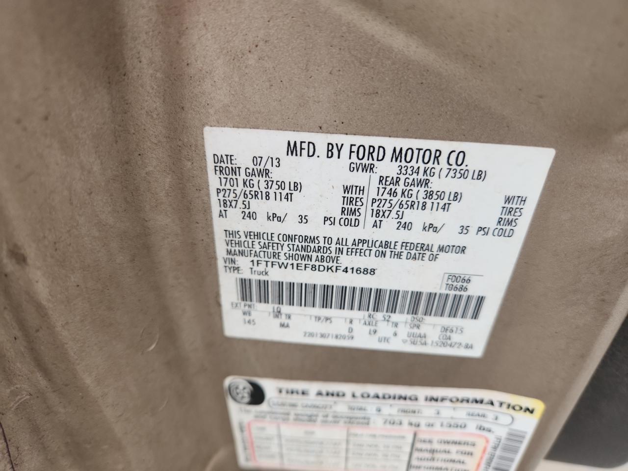 2013 Ford F150 Supercrew VIN: 1FTFW1EF8DKF41688 Lot: 89735275