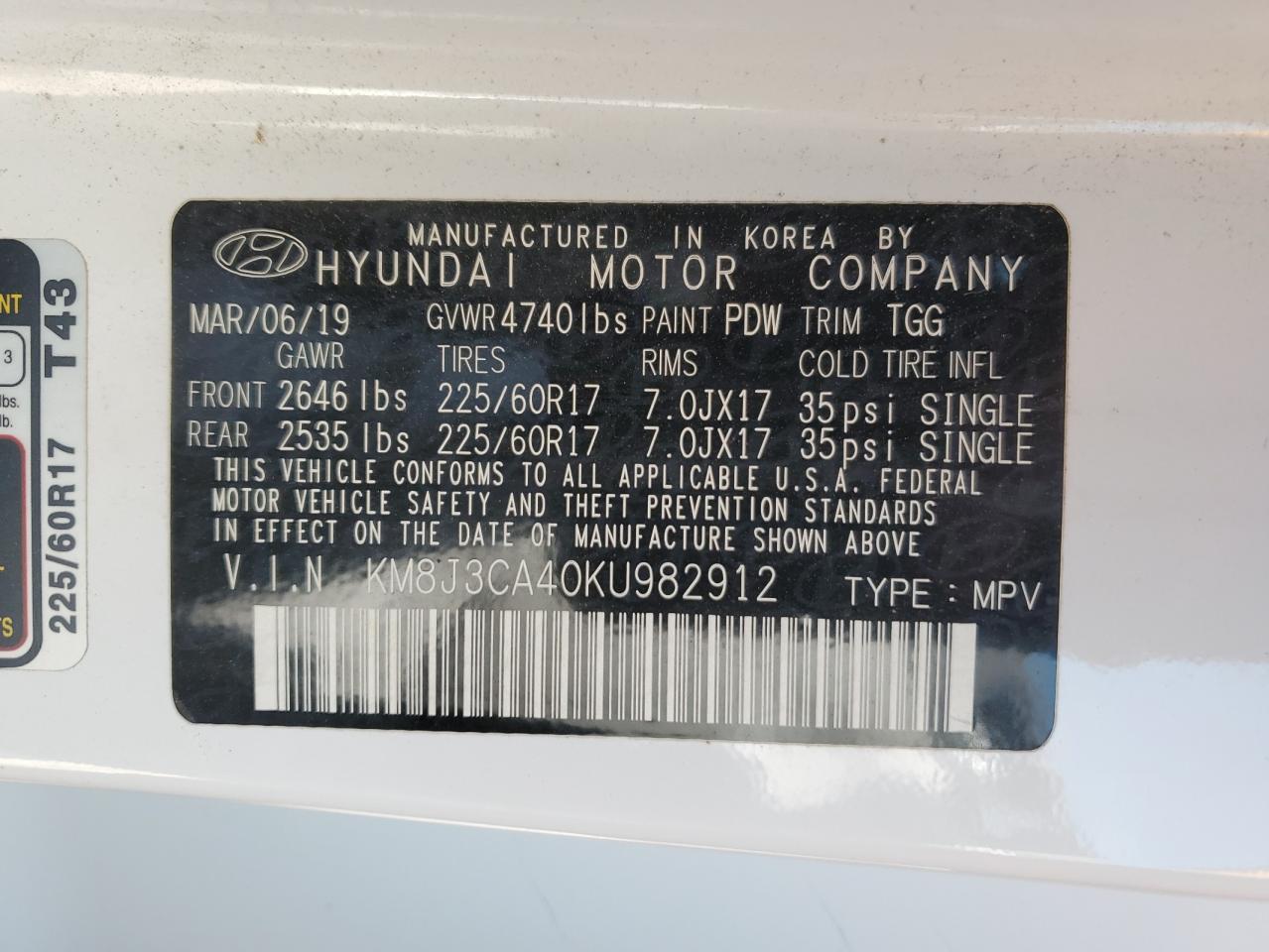 2019 Hyundai Tucson Limited VIN: KM8J3CA40KU982912 Lot: 81814145