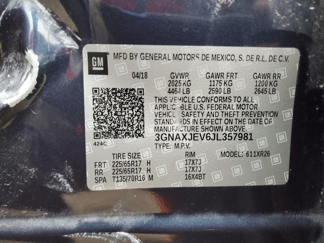 2018 Chevrolet Equinox Lt VIN: 3GNAXJEV6JL357981 Lot: 86448245