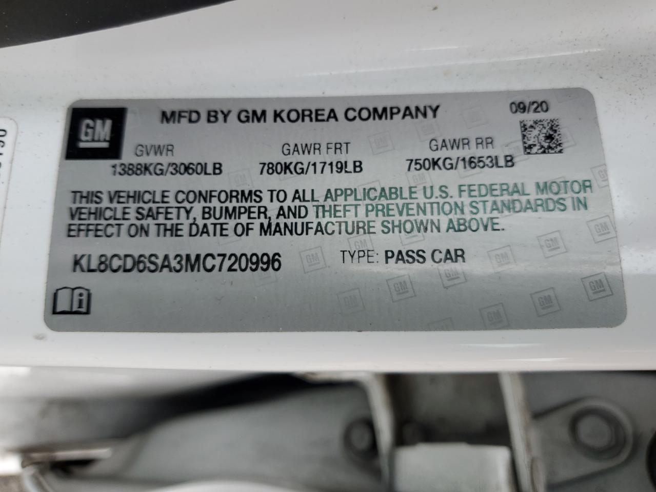 2021 Chevrolet Spark 1Lt VIN: KL8CD6SA3MC720996 Lot: 90516575